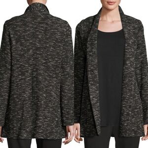 Eileen Fisher NWT Black Notch Collar Long Tweedy Organic Cotton Knit Jacket